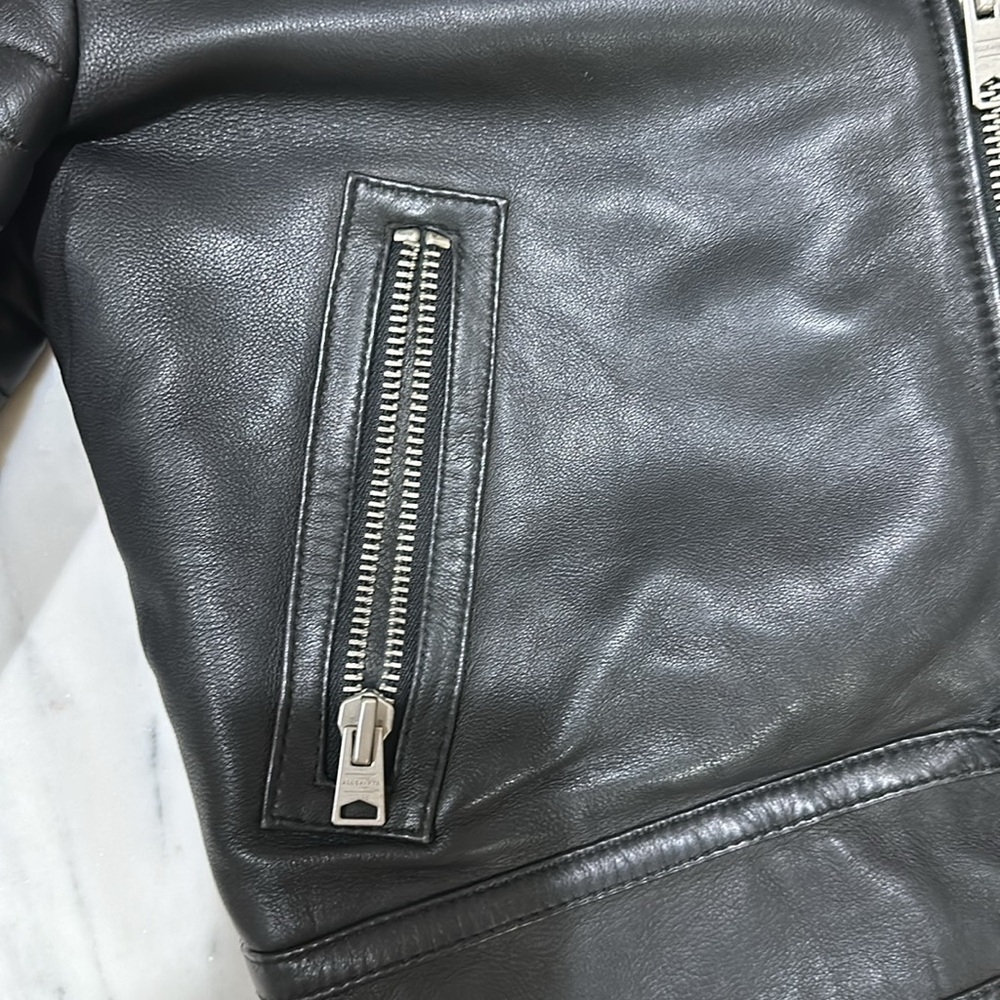 AllSaints Black Leather Moto Jacket with Shearling Collar - Picture 2 of 13